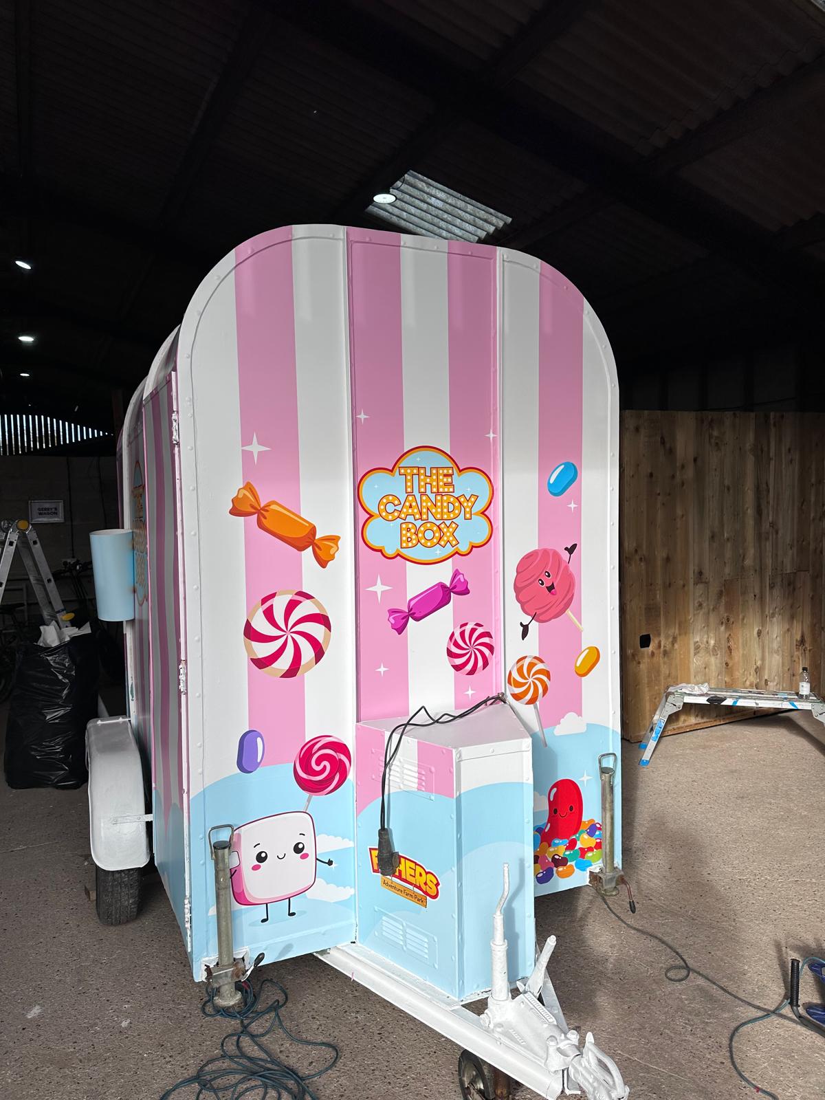 The Candy Box trailer after wrapping – vibrant front view with The Candy Box branding