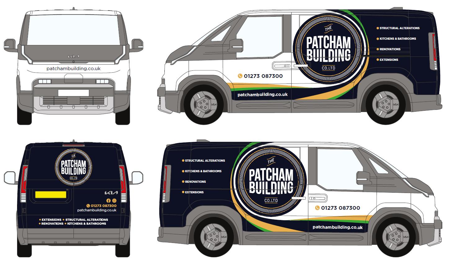 Patcham Building Company van wrap design visuals showing all four sides of the Kia PV5