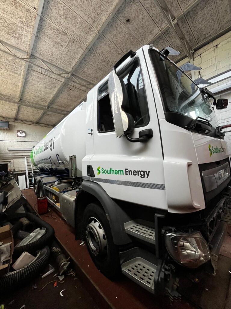 Southern Energy branded fuel tanker - cab view